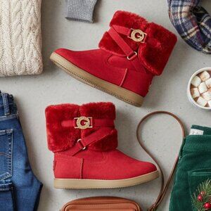 G by Guess Gallio Red Faux Fur Rhinestone Ankle Boots